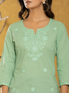 Yufta Women Green Chikankari Striped Regular Top | Grocsy