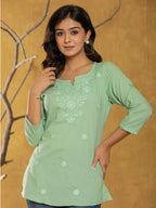 Yufta Women Green Chikankari Striped Regular Top | Grocsy