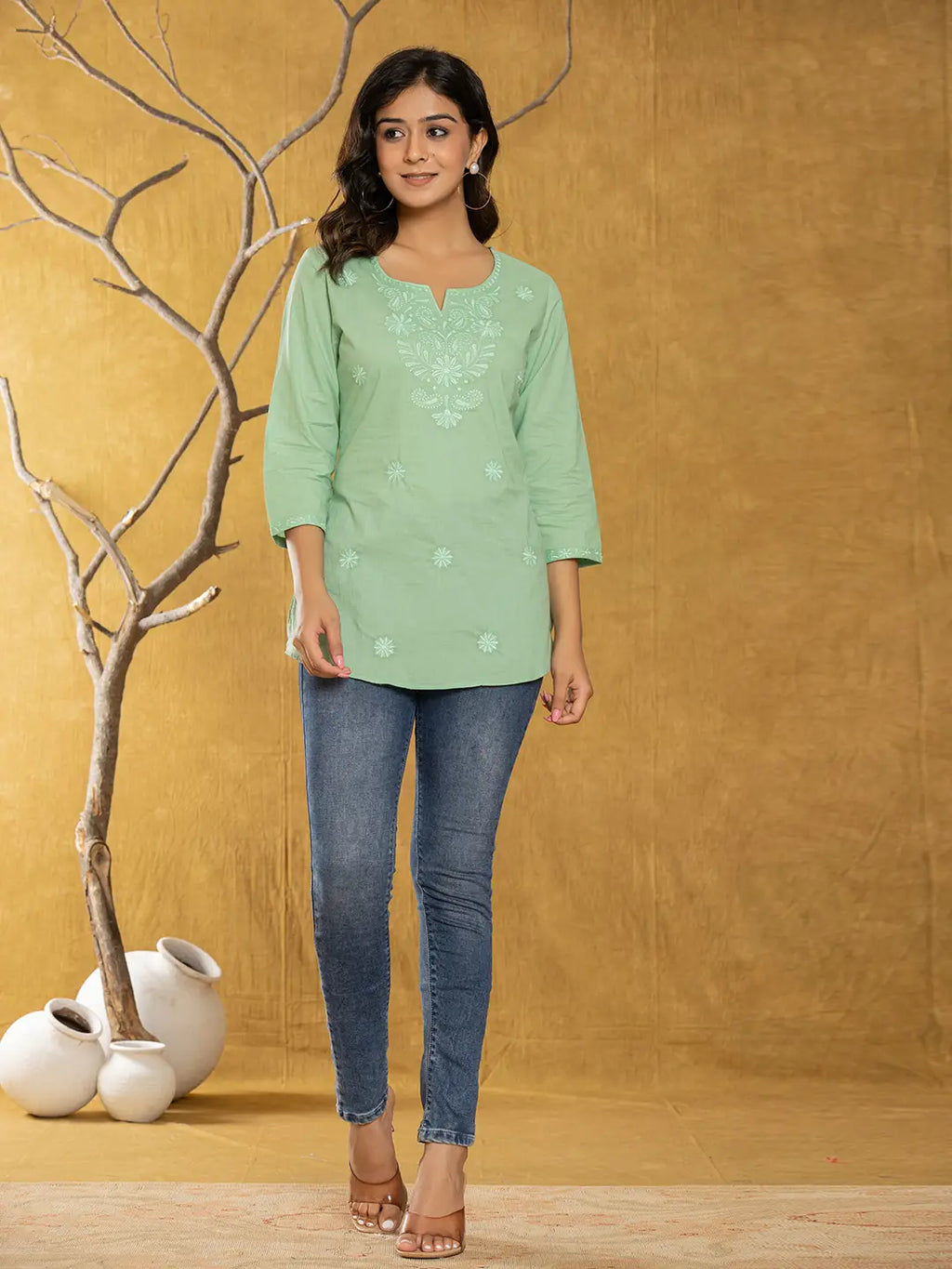 Yufta Women Green Chikankari Striped Regular Top | Grocsy