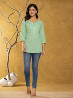 Yufta Women Green Chikankari Striped Regular Top | Grocsy