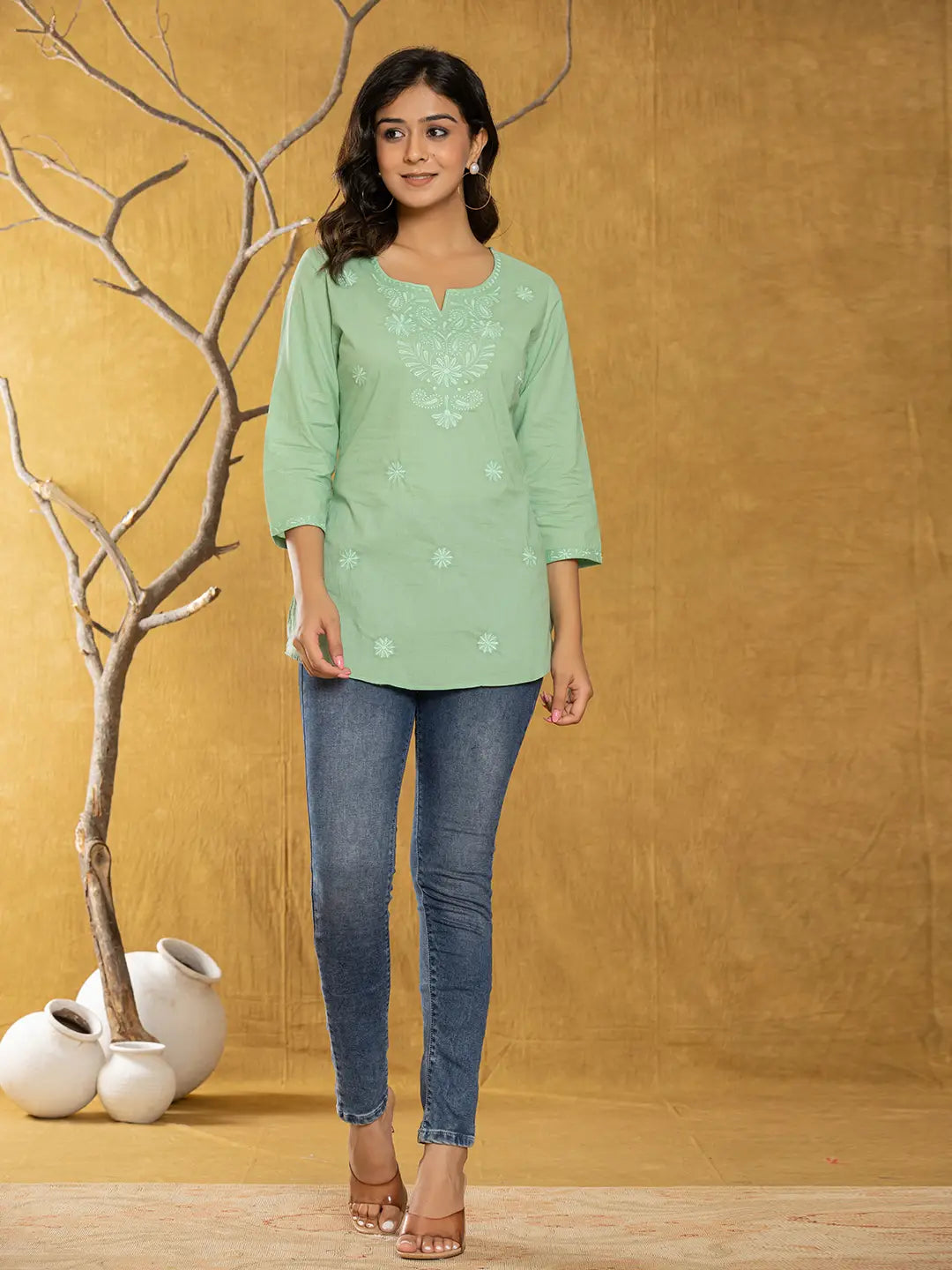 Yufta Women Green Chikankari Striped Regular Top | Grocsy