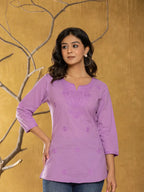 Yufta Women Lavender Chikankari Striped Regular Top | Grocsy