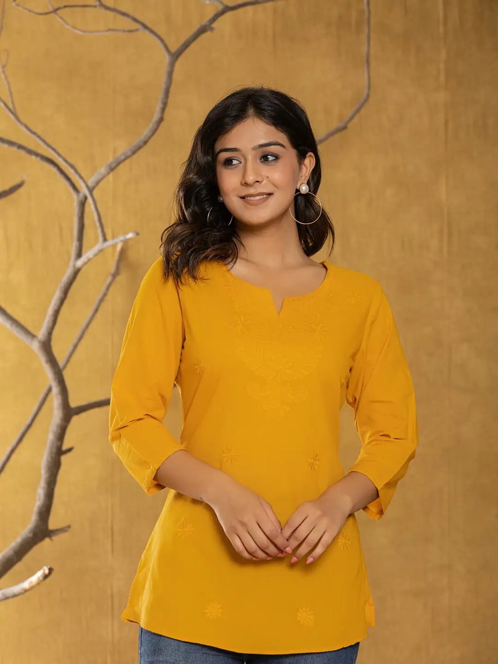 Yufta Women Mustard Chikankari Striped Regular Top | Grocsy