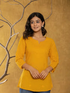 Yufta Women Mustard Chikankari Striped Regular Top | Grocsy