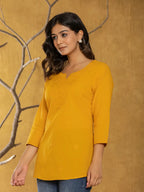 Yufta Women Mustard Chikankari Striped Regular Top | Grocsy