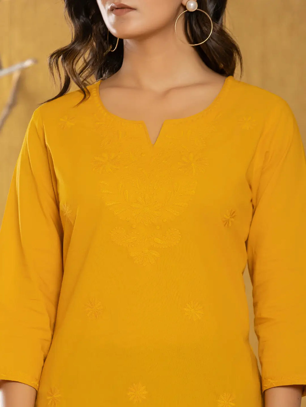 Yufta Women Mustard Chikankari Striped Regular Top | Grocsy