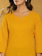Yufta Women Mustard Chikankari Striped Regular Top | Grocsy