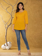 Yufta Women Mustard Chikankari Striped Regular Top | Grocsy