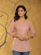 Yufta Women Rust Chikankari Striped Regular Top | Grocsy