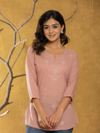 Yufta Women Rust Chikankari Striped Regular Top | Grocsy