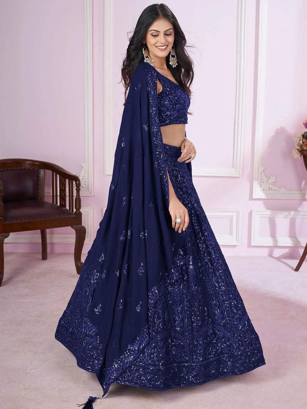 Tulsi Art Wonderful Navy Blue Sequins Georgette Wedding Wear Lehenga Choli | Grocsy