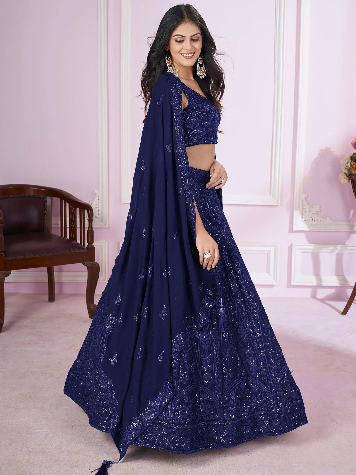 Tulsi Art Wonderful Navy Blue Sequins Georgette Wedding Wear Lehenga Choli | Grocsy