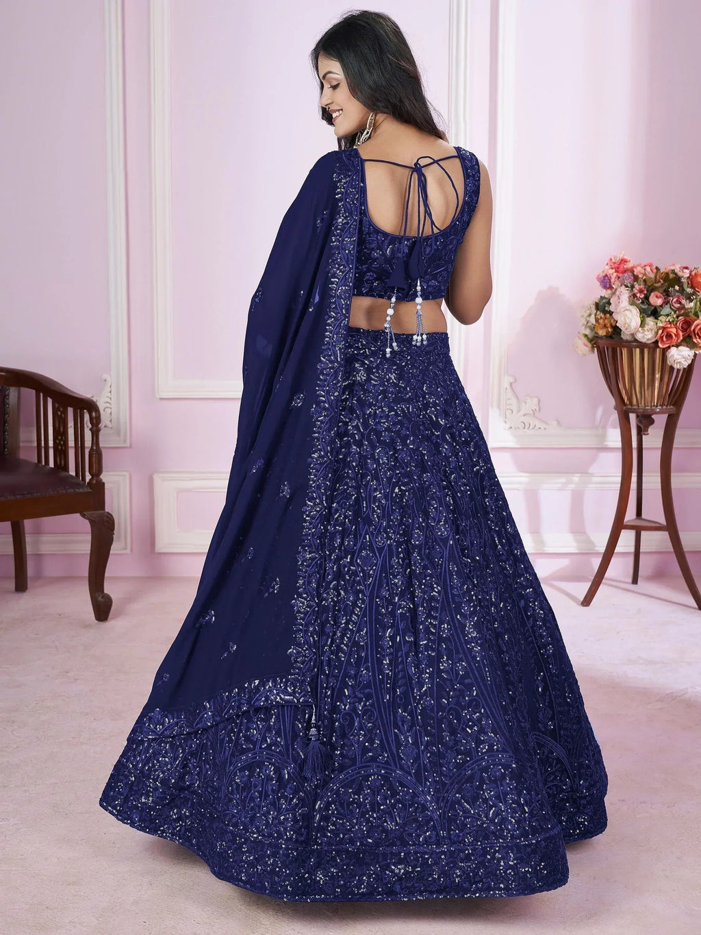 Tulsi Art Wonderful Navy Blue Sequins Georgette Wedding Wear Lehenga Choli | Grocsy