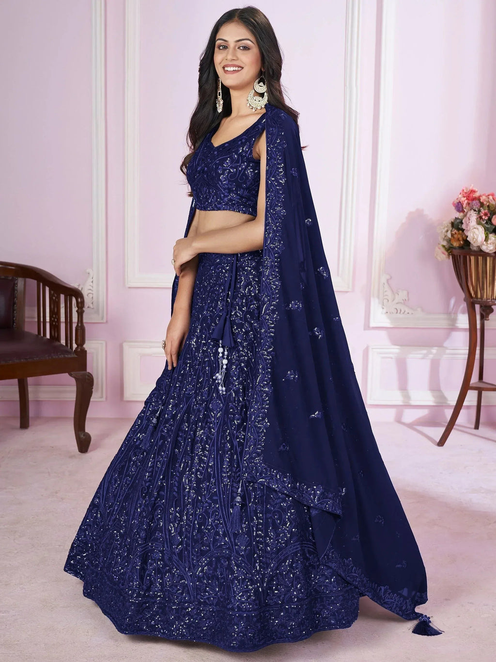 Tulsi Art Wonderful Navy Blue Sequins Georgette Wedding Wear Lehenga Choli | Grocsy