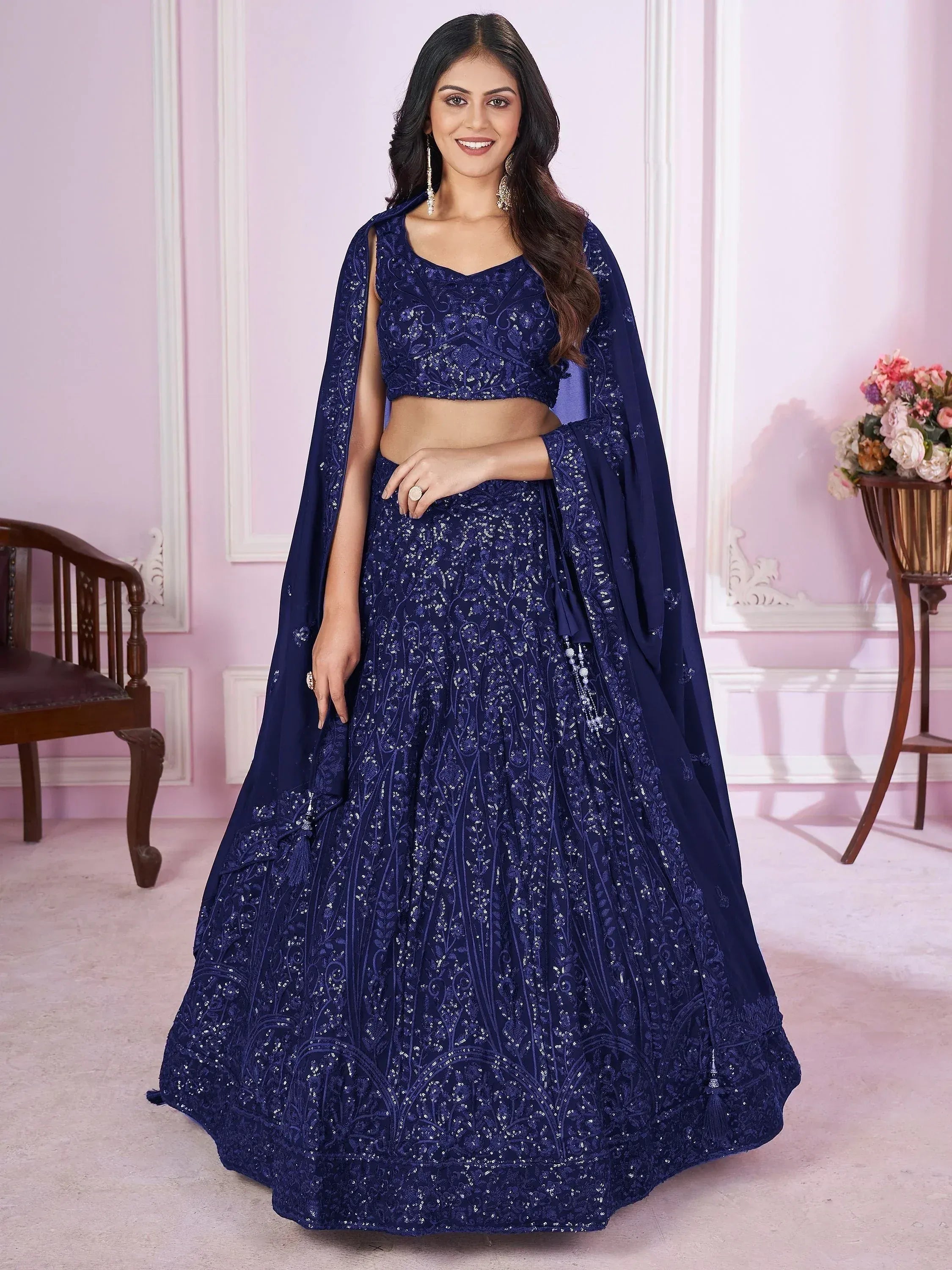 Tulsi Art Wonderful Navy Blue Sequins Georgette Wedding Wear Lehenga Choli | Grocsy