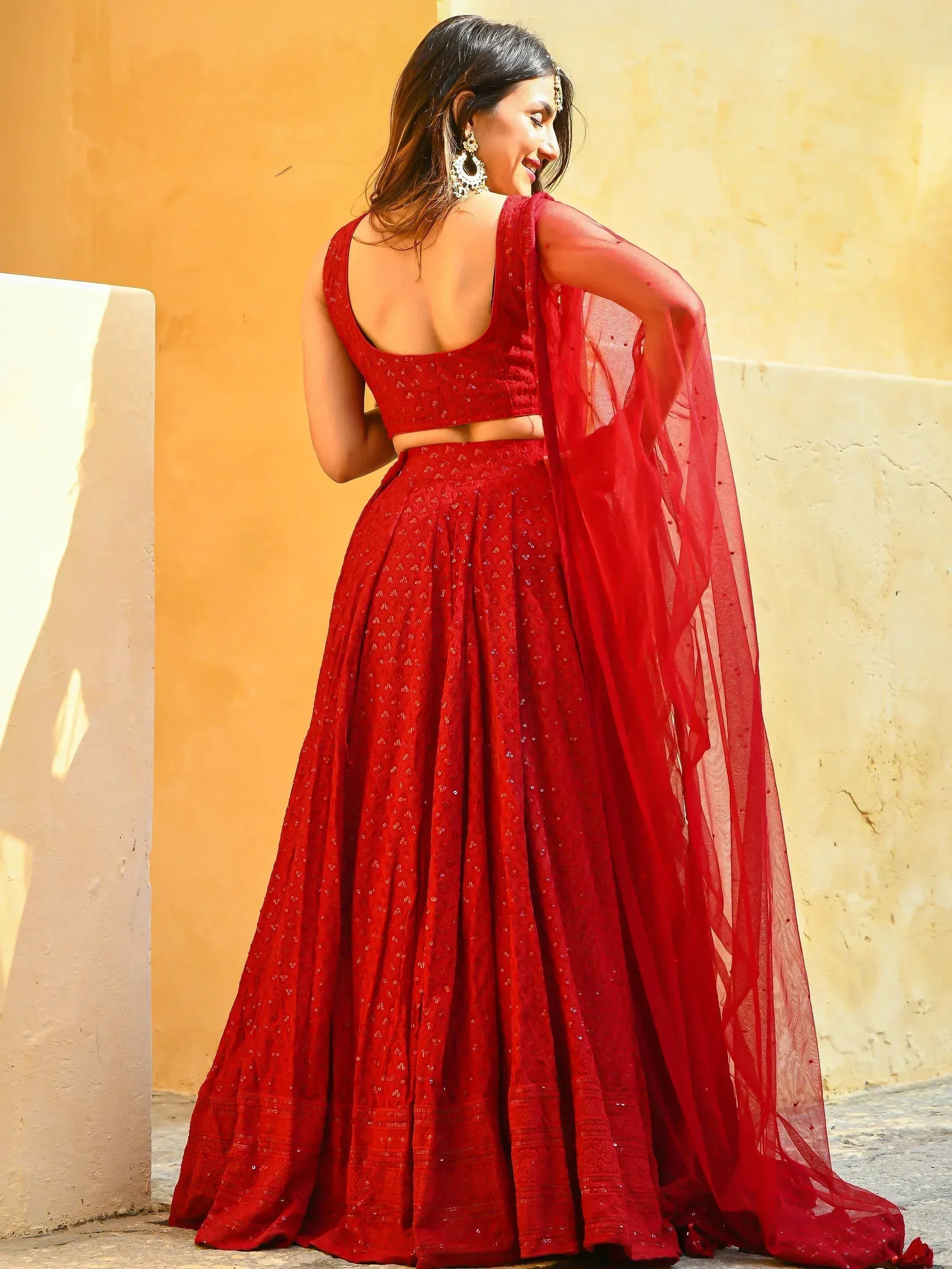 Tulsi Art Wonderful Red Sequins Georgette Sangeet Wear Lehenga Choli | Grocsy