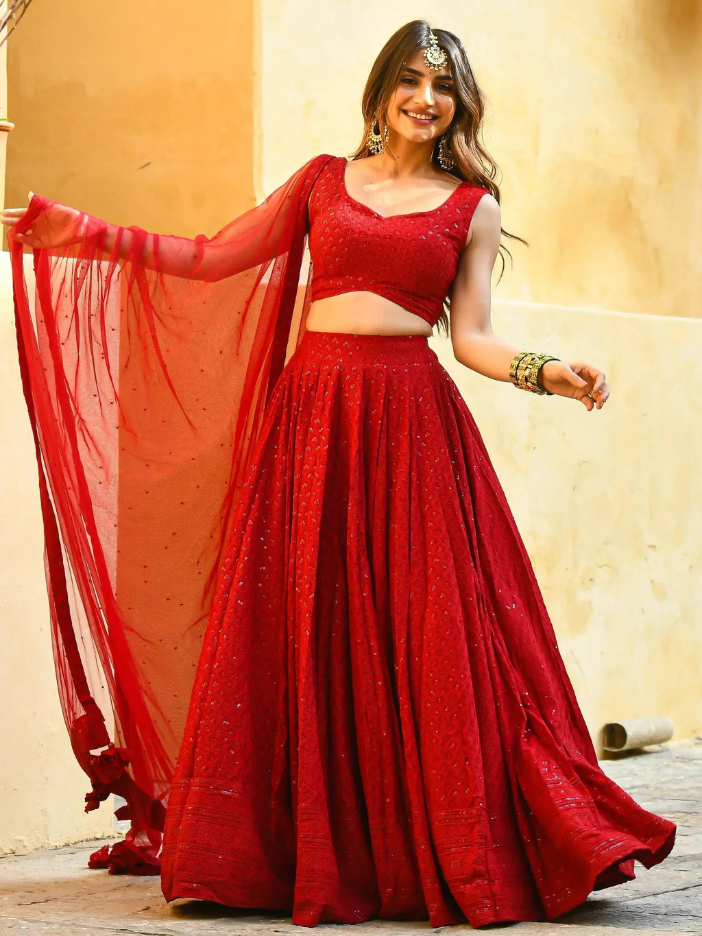 Tulsi Art Wonderful Red Sequins Georgette Sangeet Wear Lehenga Choli | Grocsy