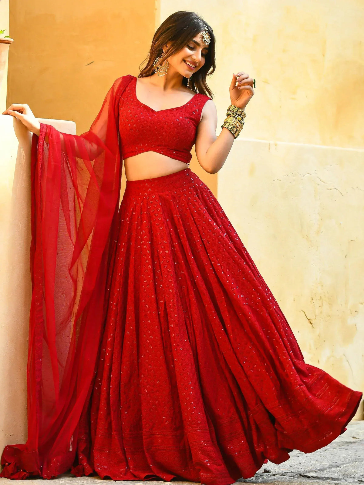 Tulsi Art Wonderful Red Sequins Georgette Sangeet Wear Lehenga Choli | Grocsy
