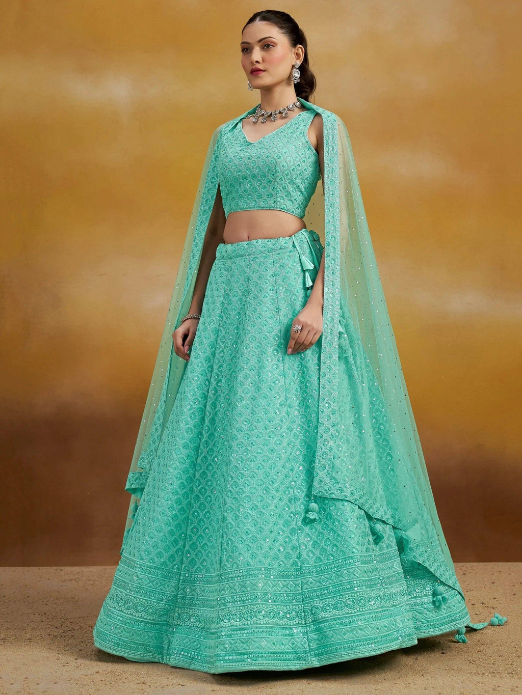 Tulsi Art Wonderful Sky-Blue Thread Work Georgette Wedding Wear Lehenga Choli | Grocsy