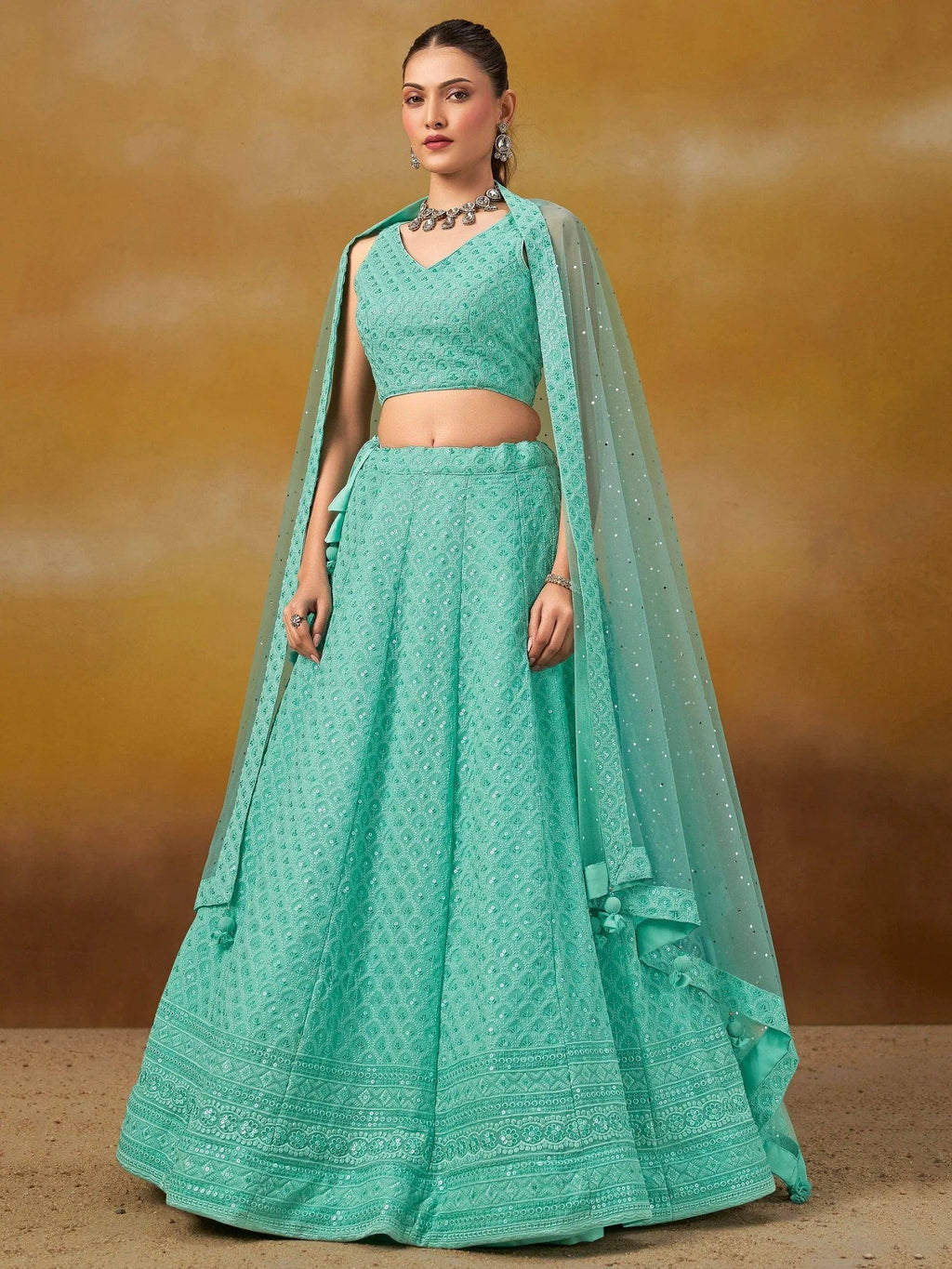 Tulsi Art Wonderful Sky-Blue Thread Work Georgette Wedding Wear Lehenga Choli | Grocsy