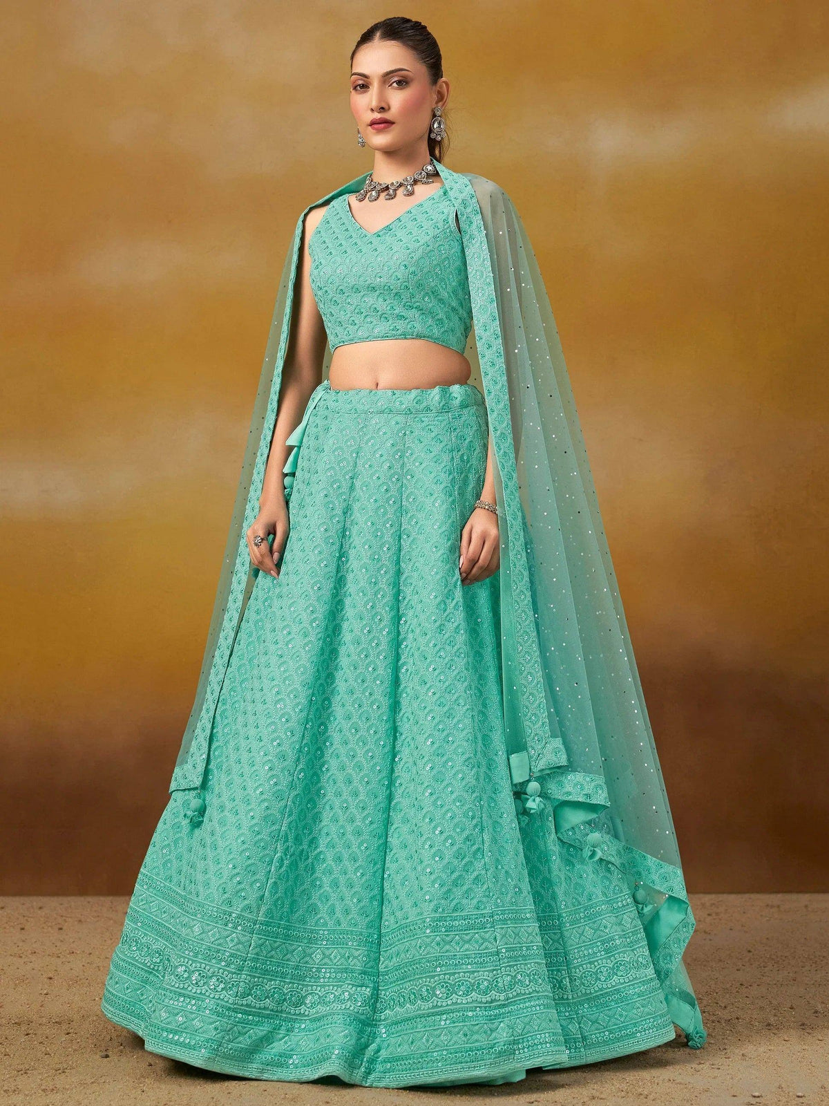 Tulsi Art Wonderful Sky-Blue Thread Work Georgette Wedding Wear Lehenga Choli | Grocsy