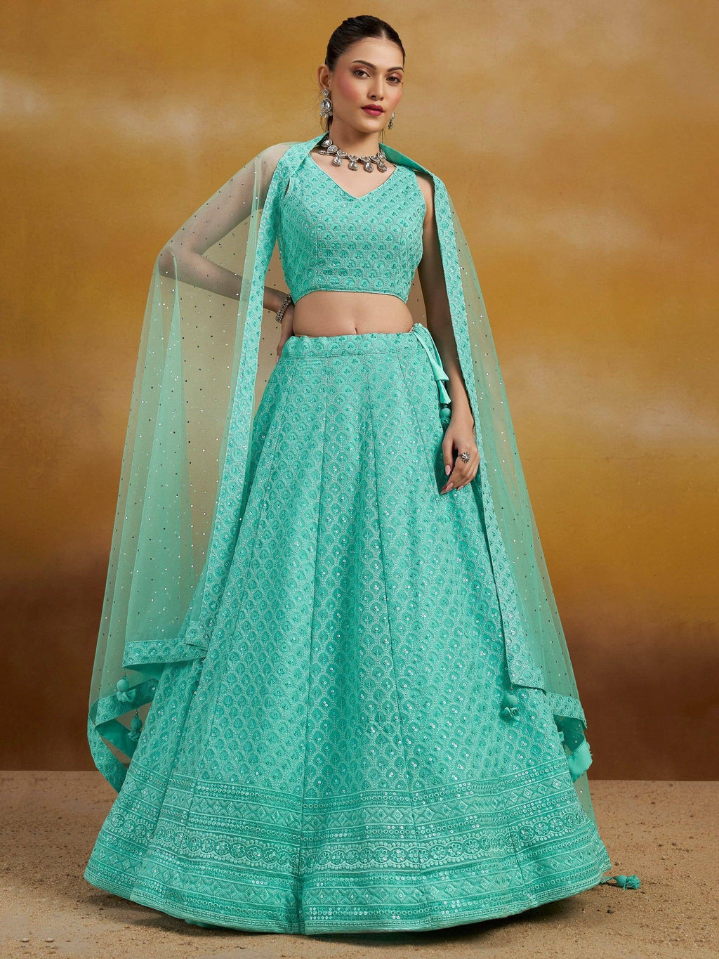 Tulsi Art Wonderful Sky-Blue Thread Work Georgette Wedding Wear Lehenga Choli | Grocsy
