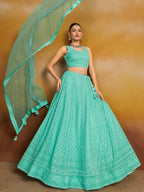 Tulsi Art Wonderful Sky-Blue Thread Work Georgette Wedding Wear Lehenga Choli | Grocsy