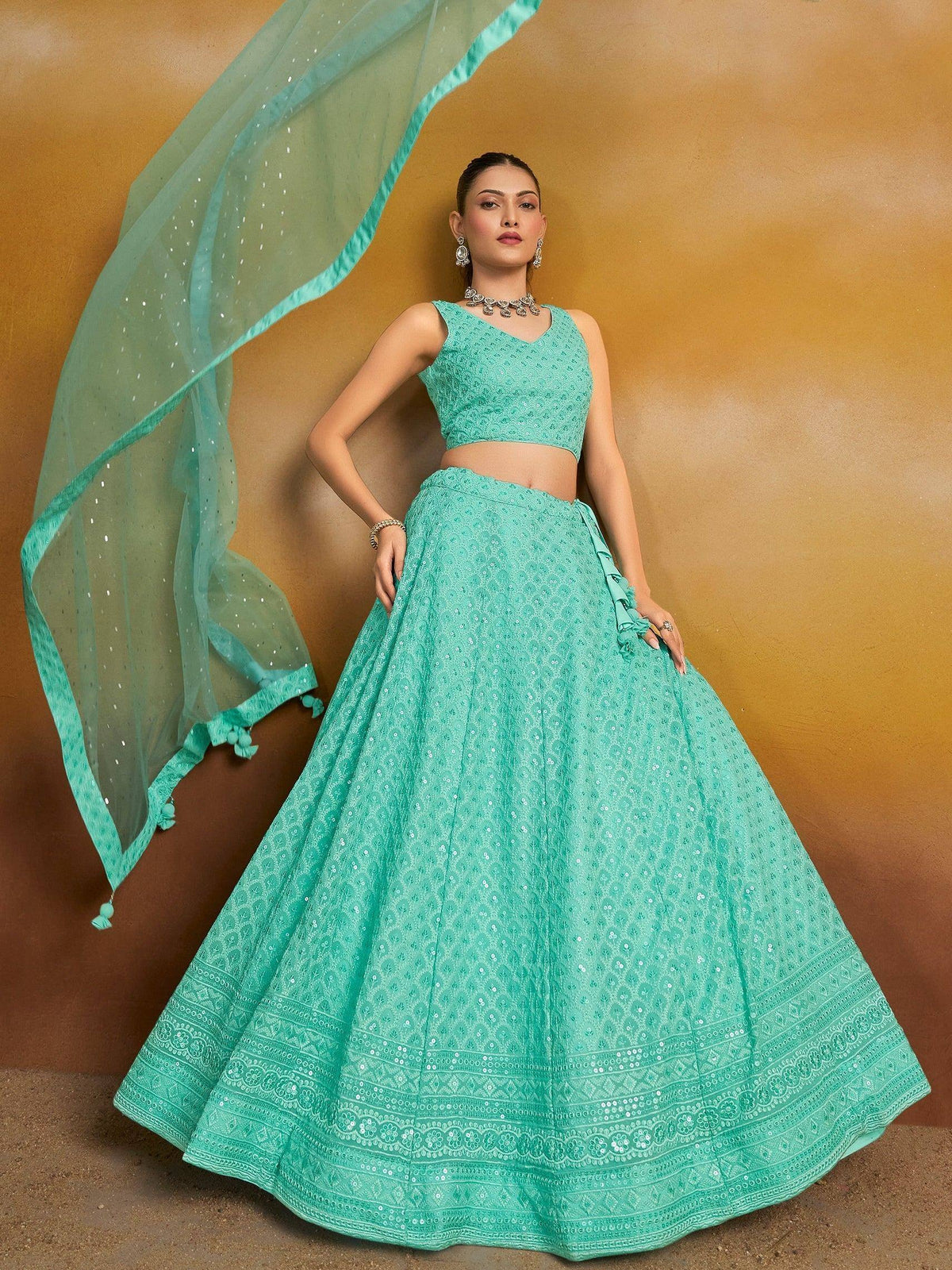 Tulsi Art Wonderful Sky-Blue Thread Work Georgette Wedding Wear Lehenga Choli | Grocsy