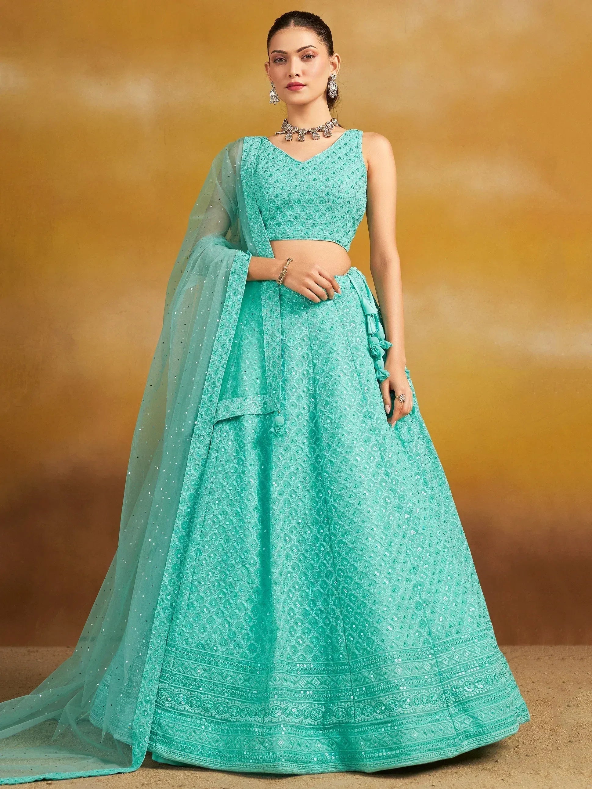 Tulsi Art Wonderful Sky-Blue Thread Work Georgette Wedding Wear Lehenga Choli | Grocsy