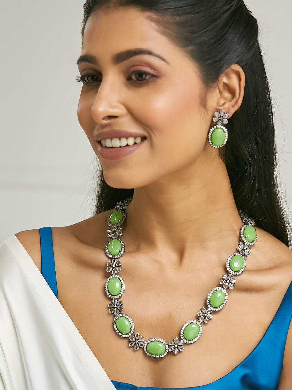 Nuyug Antique Silver Plated Crystal Studded Faux Jade Stones Embellished Necklace Set | Grocsy
