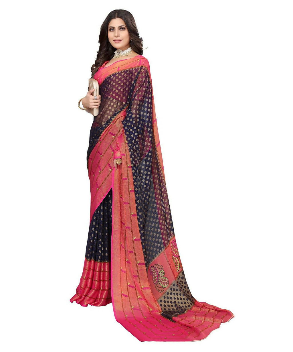 Vamika Navy Blue Chiffon Brasso Bollywood Style Woven Saree (DIMPLE NAVY) | Grocsy