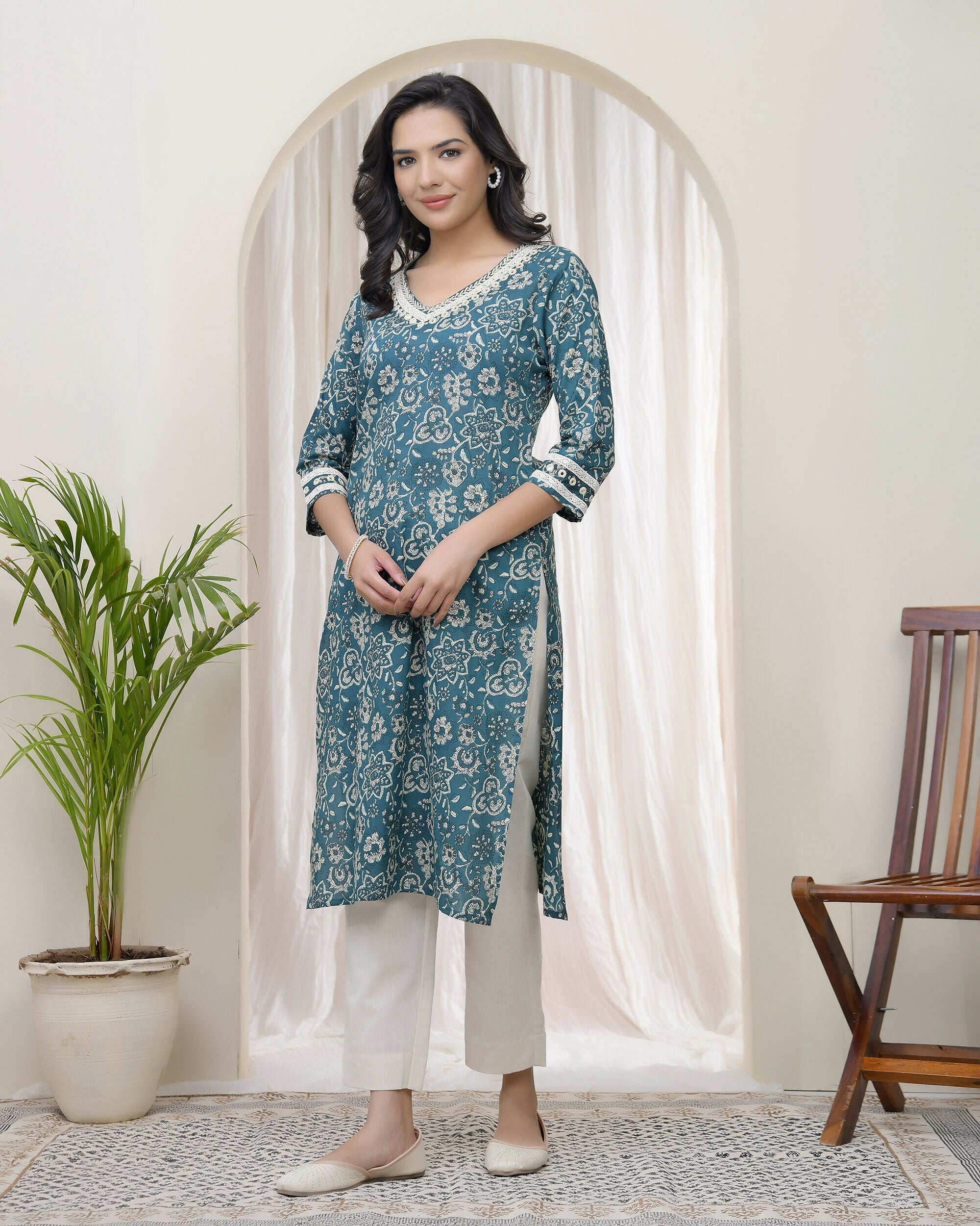Vaasva Women Ferozi Cotton Printed Straight Kurti With Pant | Grocsy