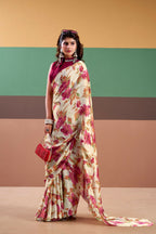 Vastranavya Pink Satin Silk Floral Printed Saree with Stitched Blouse | Grocsy