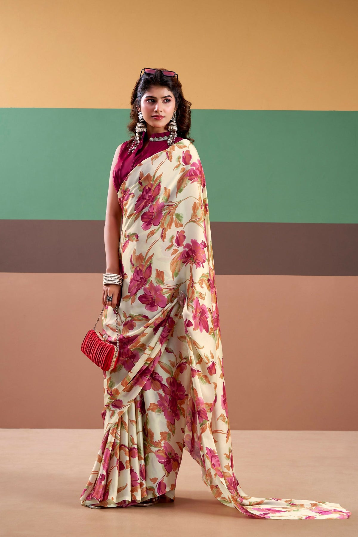 Vastranavya Pink Satin Silk Floral Printed Saree with Stitched Blouse | Grocsy