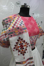 White Jacqard Cotton Thread Embroidered Navratri Lehenga Choli with Dupatta - Raas | Grocsy