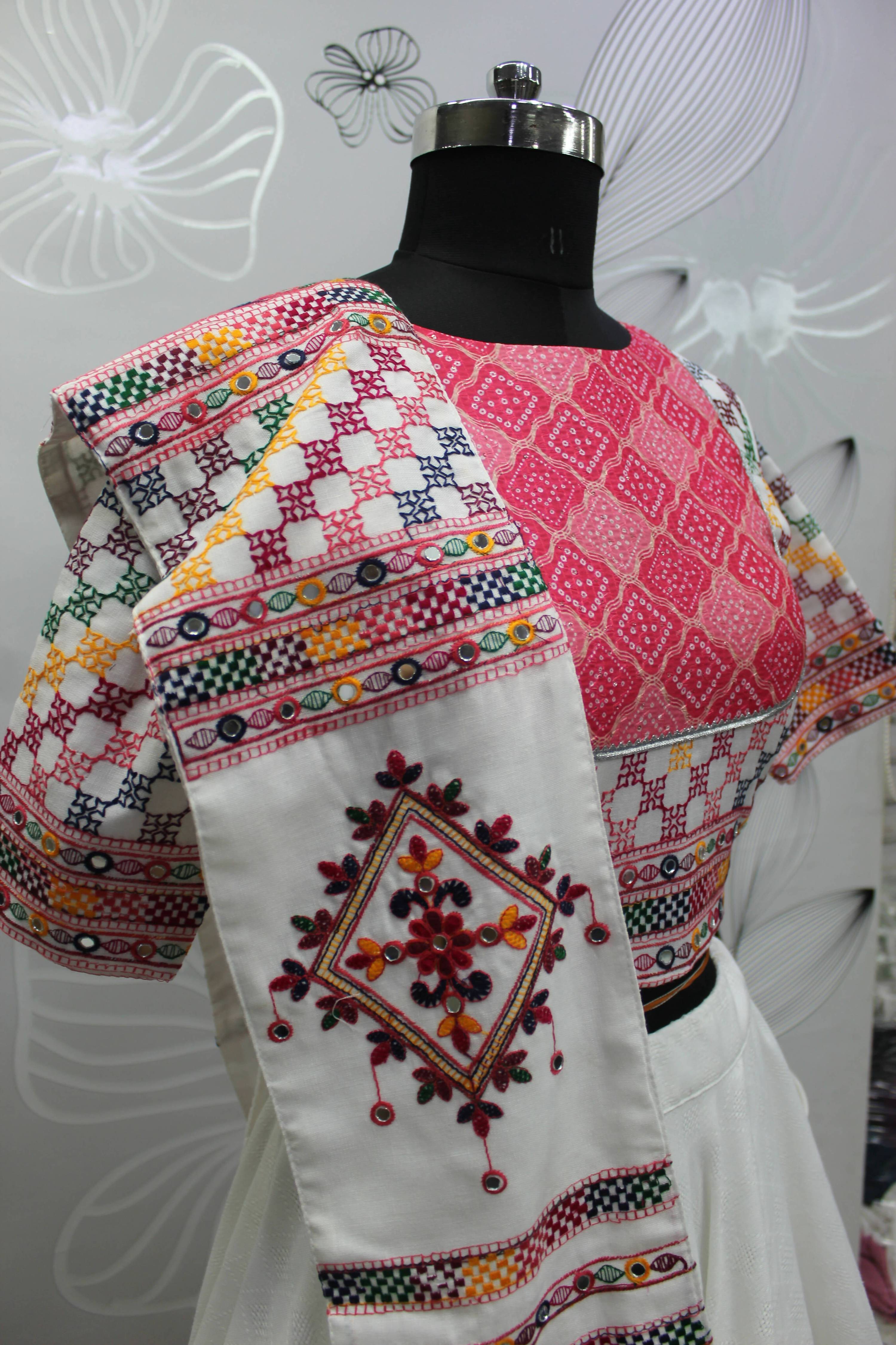 White Jacqard Cotton Thread Embroidered Navratri Lehenga Choli with Dupatta - Raas | Grocsy