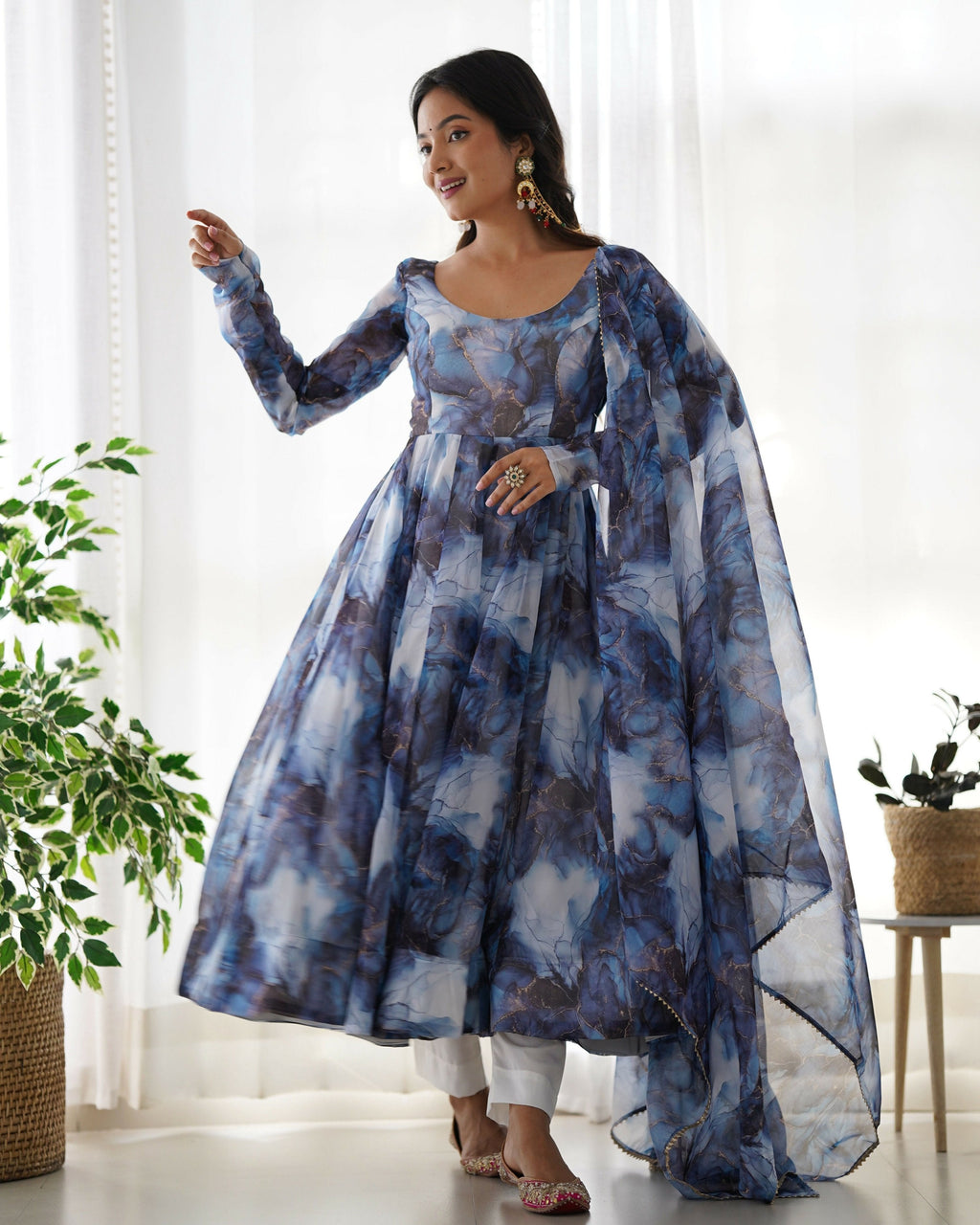 Joban Fashion Navy Blue Kurta Set Organza Sequin Embroidery Work | Grocsy