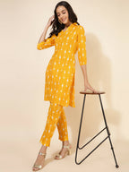 Janasya Women's Yellow Cotton Ikkat Printed Casual Straight Co-ords | Grocsy