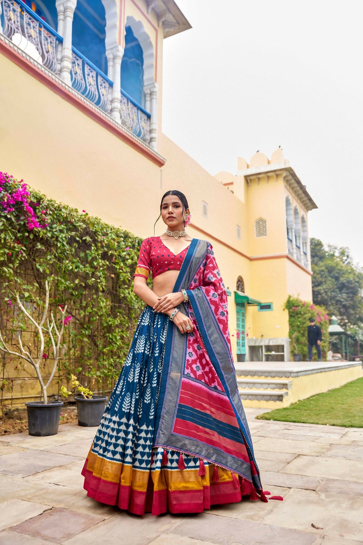 Vastranavya Printed and Foil Work Tussar Silk Lehenga with Unstitched Blouse - Blue | Grocsy