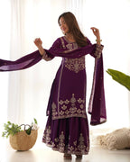 Teeya Creation Purple Color Chinon Silk Embroidery Work Wedding Wear Palazzo Set | Grocsy