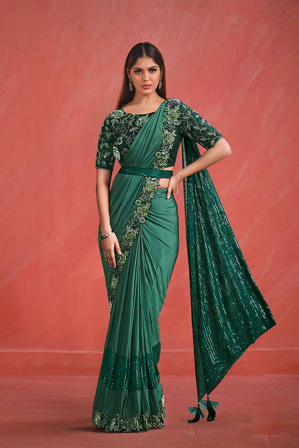 Green Crystal Lycra Cord & Sequence Embroidery with Thread Work Saree With Stitched Blouse - Mohmanthan Elegancia | Grocsy