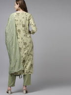 Yufta Women Olive Green Floral Printed Sequined Pure Silk Kurta with Palazzo and Dupatta | Grocsy