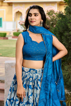 Vastranavya Ethnic Look Tussar Silk Floral Printed With Foil Work Indian Lehenga Choli - Royal Blue | Grocsy