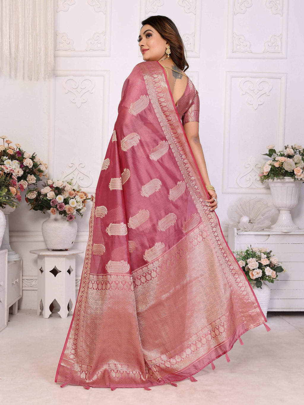 Aastha Fashion Dusty Rose Soft Organza Silk Weaving Saree | Grocsy