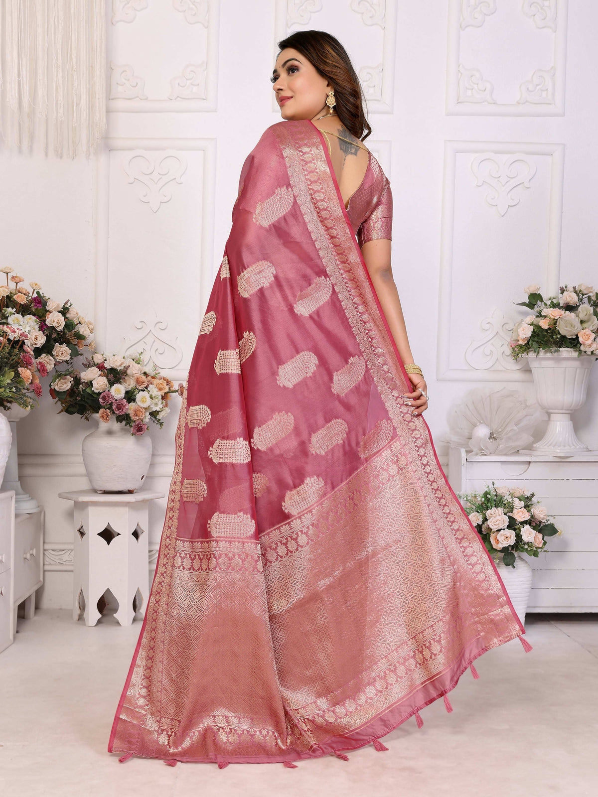 Aastha Fashion Dusty Rose Soft Organza Silk Weaving Saree | Grocsy