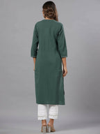 Juniper Women Green Seer Sucker Embroidered High Slit Kurta | Grocsy