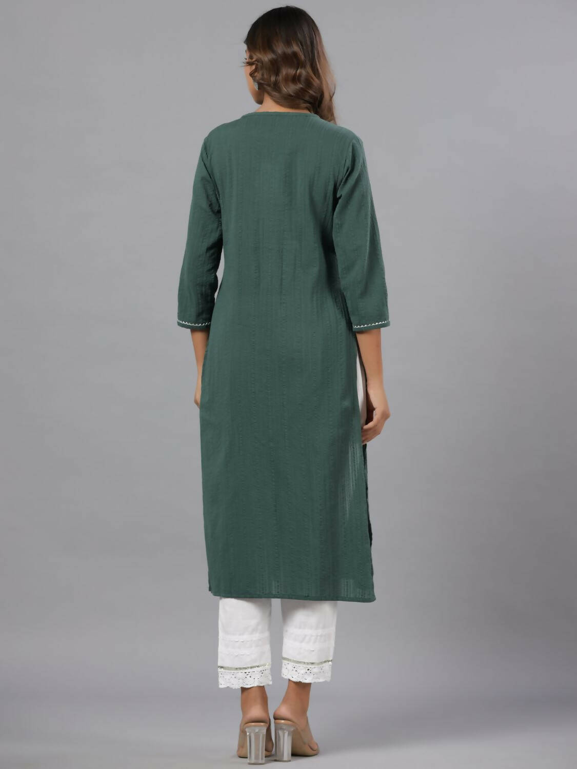 Juniper Women Green Seer Sucker Embroidered High Slit Kurta | Grocsy