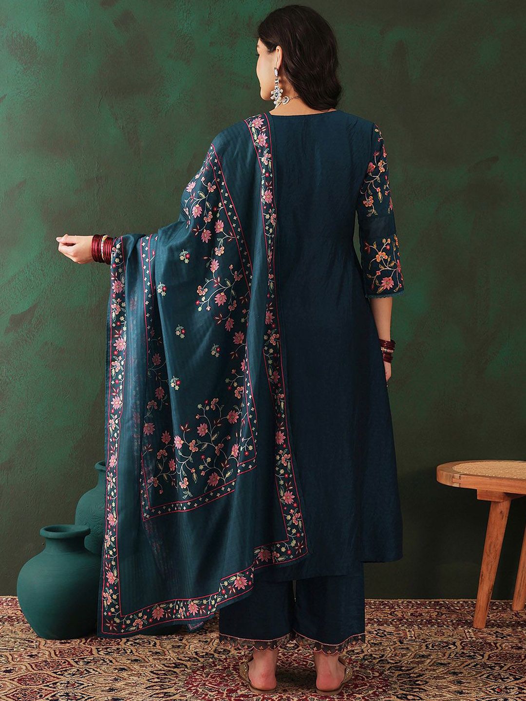 Sangria Floral Embroidered A-Line Kurta & Trousers With Dupatta | Grocsy