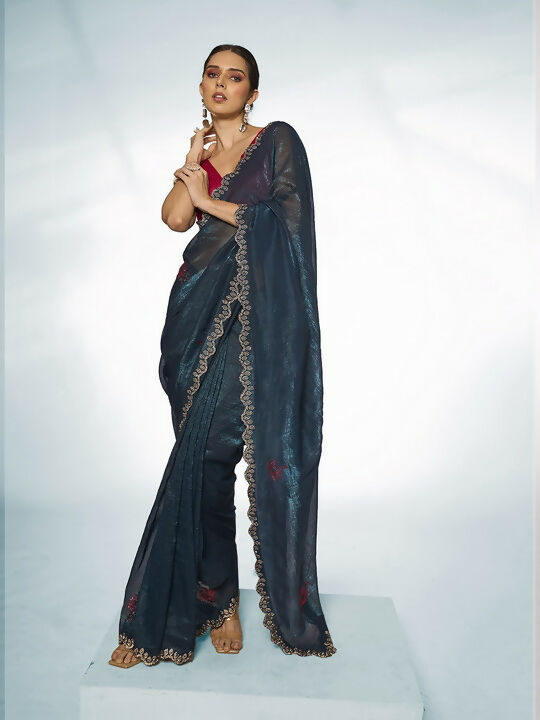 Teal Blue Slub Organza Swarovski Designer Saree - Shezlin | Grocsy