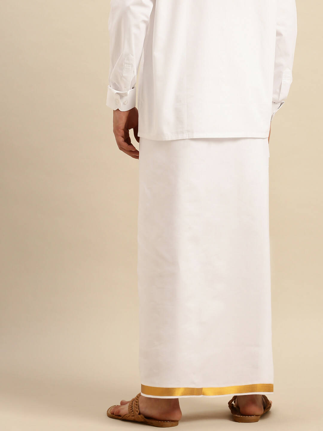 Ramraj Cotton Mens Pure Cotton 1 Inch Gold Jari Dhoti - White | Grocsy